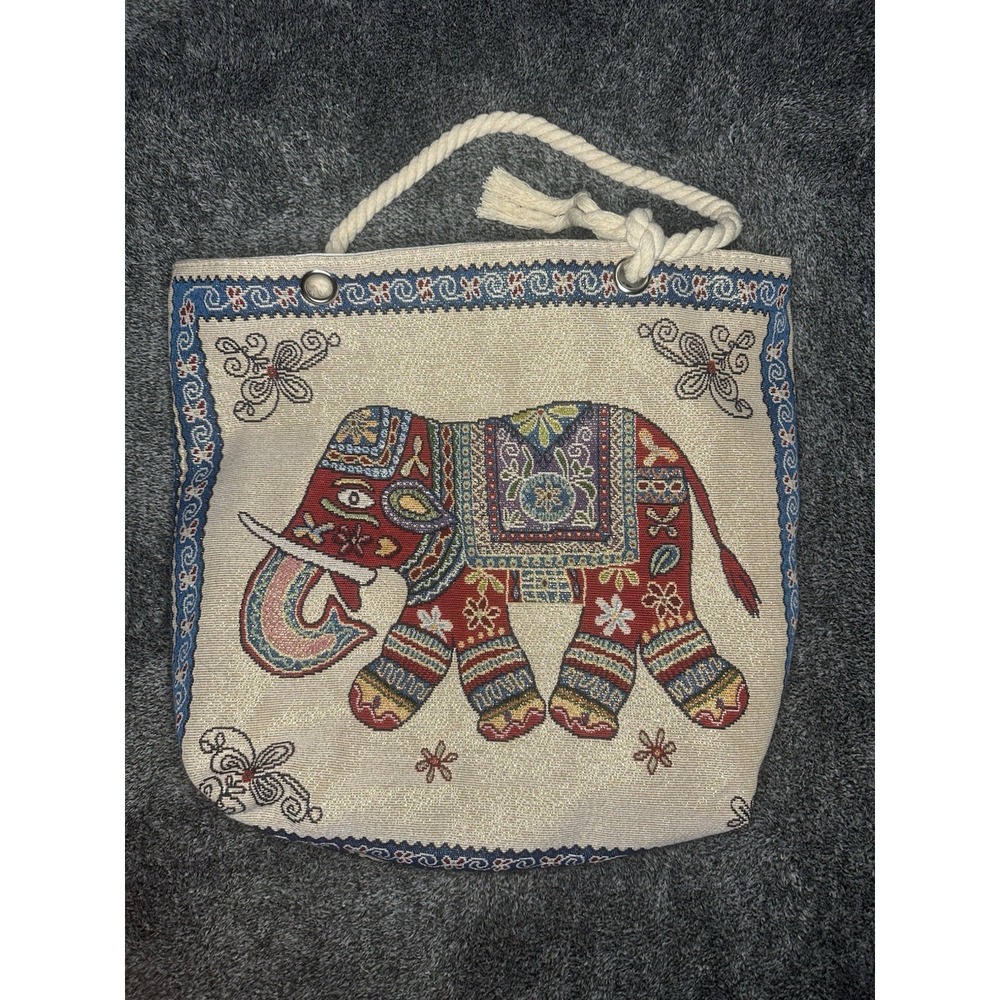 Elephant Tapestry Tote Bag Boho Ethnic Woven Shoulder Bag Rope Handle Multicolor